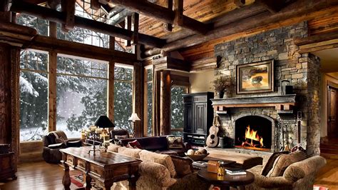 Cozy Cabin With Crackling Fireplace And Snow Outside Winter Ambience