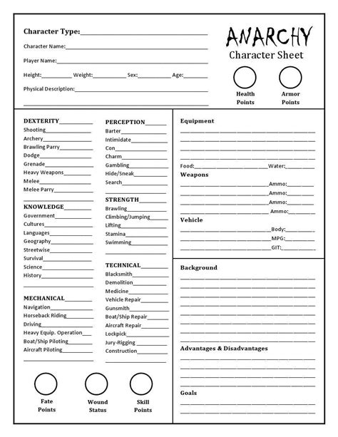 Anarchy The Role Playing Game Character Sheet Dicegeeks