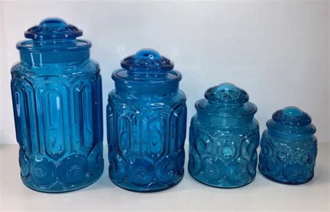 Vintage Le Smith Moon And Stars Blue 4 Pc Glass Canister Set 225 00 Picclick