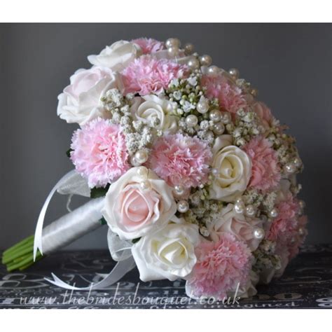 Bridal Bouquet Pink Carnation Rose Gypsophila Ready To Ship Wedding Posy Pearl Embell In