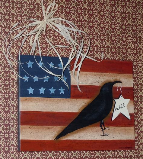 Americana Flag Crow Star Peace Hand Painted Primitive Folk Art Wooden