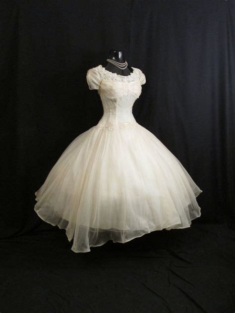 vintage 1950s 50s ivory silk organza embroidered applique party prom wedding dress gown prom