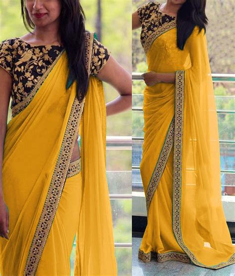 Georgetteborderworkyellowplainsaree 808c At Rs 1499 Saree