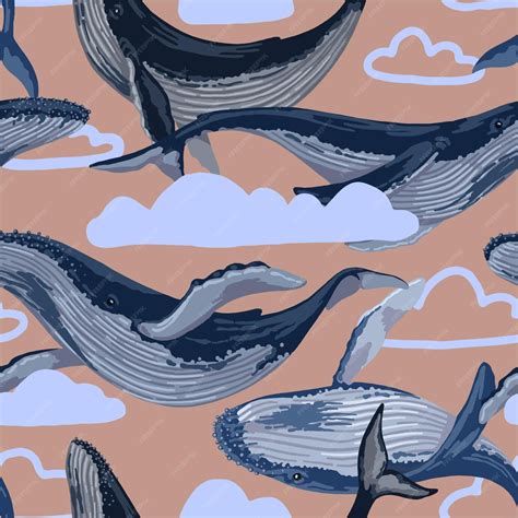 Premium Vector Seamless Pattern Of Blue Whales Hand Drawn Vector