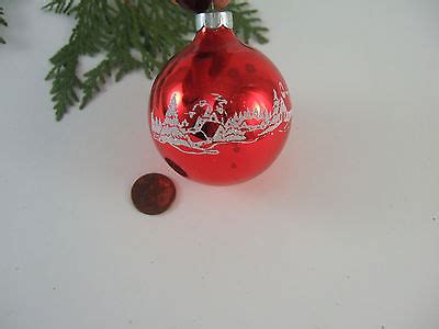 Vintage Stencil Red Mica Snowy Town Shiny Brite Mercury Glass Christmas Ornament Antique