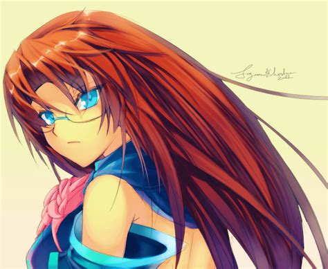 Safebooru Bare Shoulders Blue Eyes Brown Hair From Behind Glasses Long Hair Original Ribbon