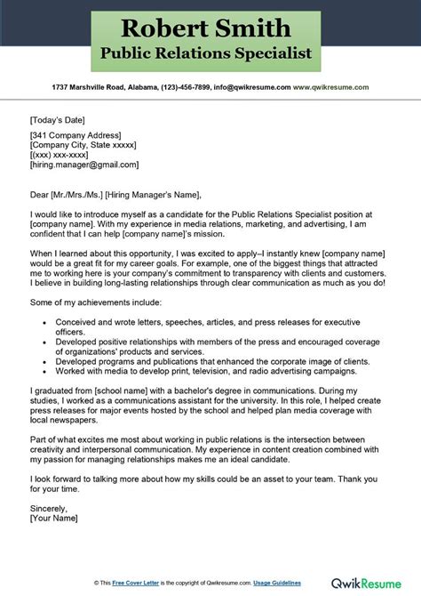 Public Relations Specialist Cover Letter Examples Qwikresume