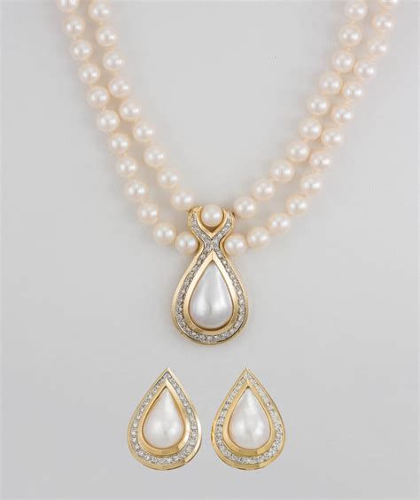 14k Yellow Gold Diamond And Pearl Necklace And Earrings Set 26gr