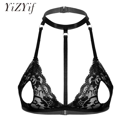Womens Ladies Hot Sexy Bra See Through Lace Unlined Wireless Bra Tops Halter Neck Strappy Hollow
