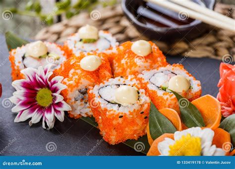 Sushi Rolls Maki Sushi Sashimi Decorated With Flowers Japanese