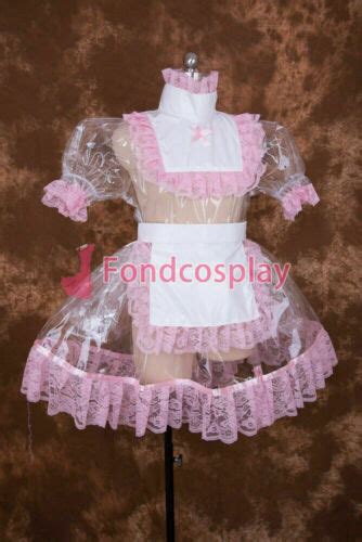 Sexy Lockable Clear Pvc Sissy Maid Short Dress Cosplay Costume Uniform