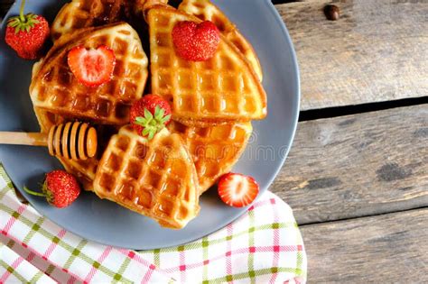 Soft Waffles Strawberries And Poured With Honey Stock Image Image Of