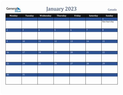 January 2023 Canada Monthly Calendar With Holidays