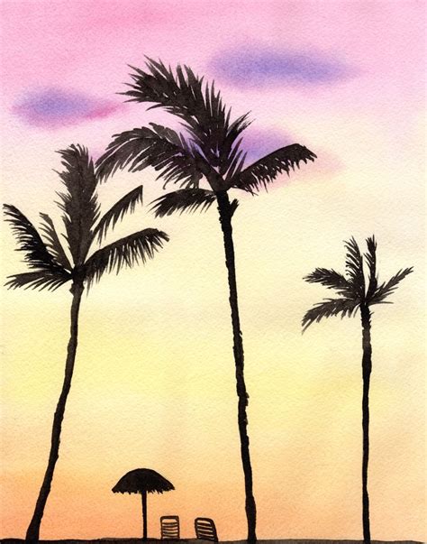 Palm Trees Sunset Watercolor Painting Art Print By Land And Sea Art