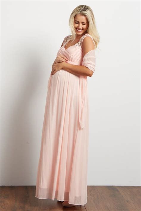 Light Pink Lace Accent Chiffon Maternity Evening Gown Maternity