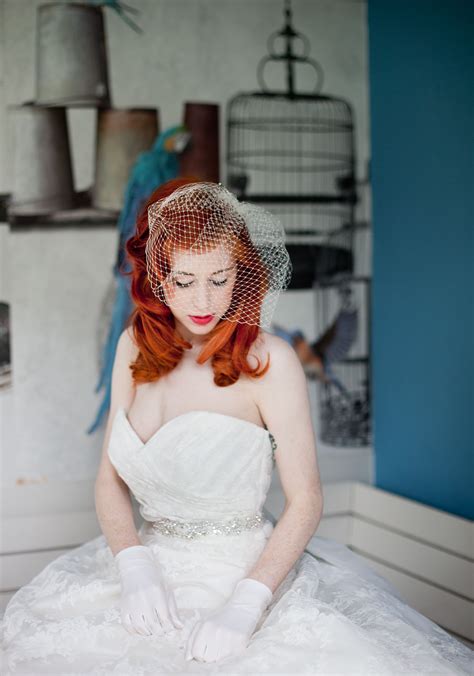 Red Haired Bride And Birdcage Veil With 40s Hair And Makeup Bridal