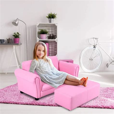 2 Seat Children Sofa Set Armrest Kids Pink Couch Lounge With Footstool