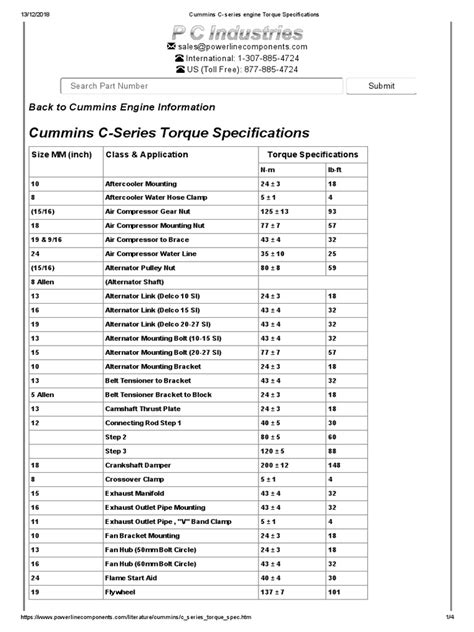 Cummins C Series Engine Torque Specifications Fuel Injection