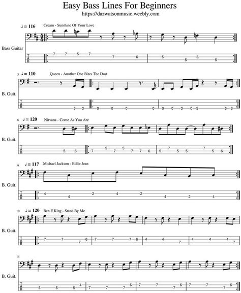 Easy Bass Lines For Beginners Tab Sheet Music Bass Guitar Tabs
