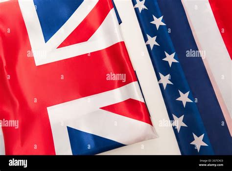 Top View Of National British And American Flags Isolated On White Stock