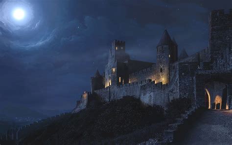 Architecture Castle Ancient Tower Night Lights Moon Clouds Moonlight