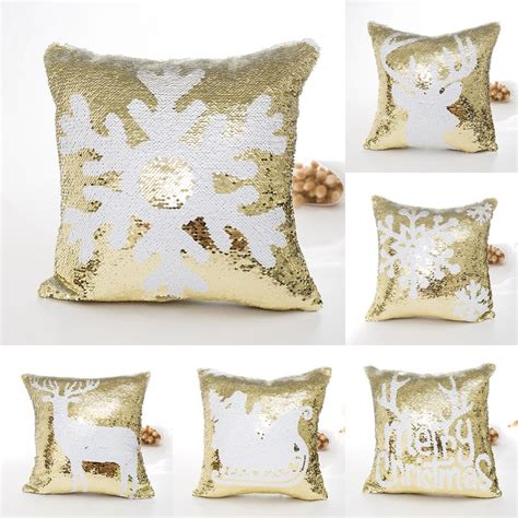 Sequin Merry Christmas Cushion Cover Snowflake Deer Pattern Pillow Case