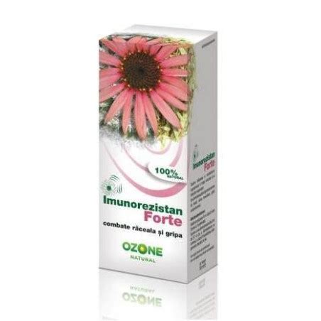 Suc stabilizat si standardizat obtinut prin presare la rece din herba inflorita de echinacea purpurea (din cultura ecologica), extracte vegetale de eleutherococcus. Imunorezistan Forte x 50ml (Ozone)