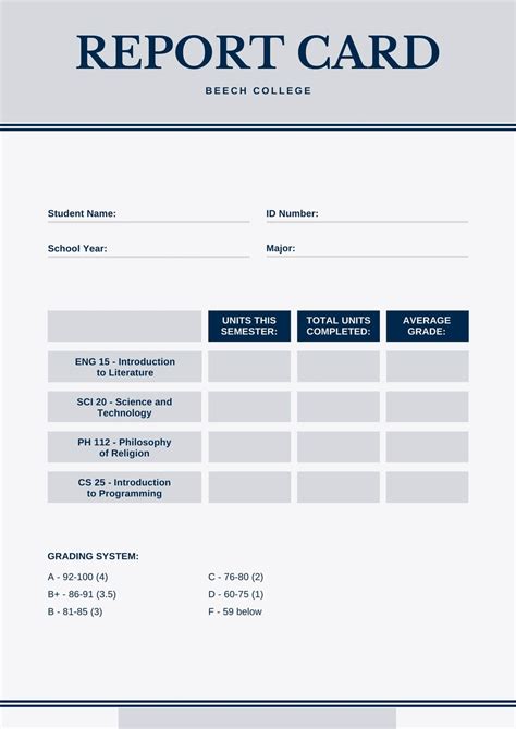 Blue And Gray Simple College Report Card Templatescanva Inside