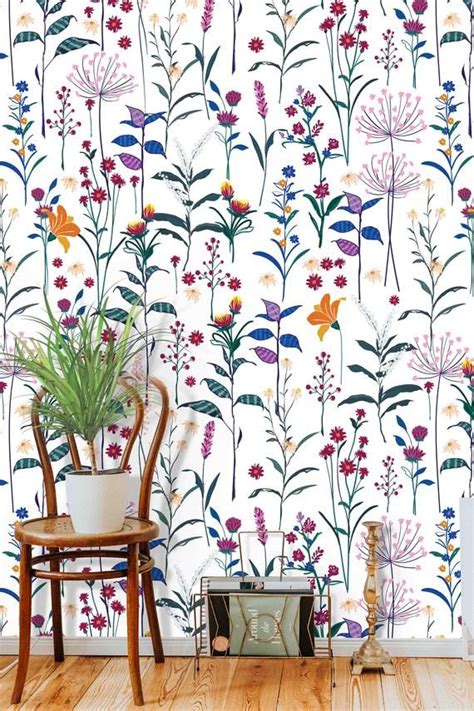 Wildflower Pattern Wall Mural On White Background Removable Etsy In