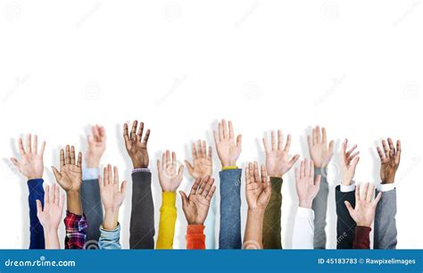 Group Of Multiethnic Diverse Hands Raised Stock Image Image Of