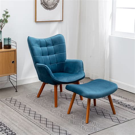 Leiria Contemporary Silky Velvet Tufted Accent Chair With Ottoman Blue