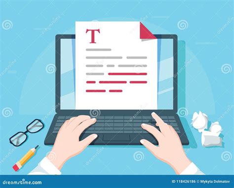 Writer Writing On Computer Paper Sheet Vector Illustration Flat