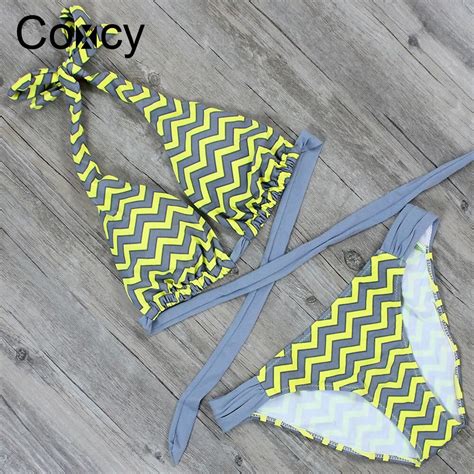 Coxcy Summer Sexy Backless Bikinis Set Water Waves Printed Bikini Low