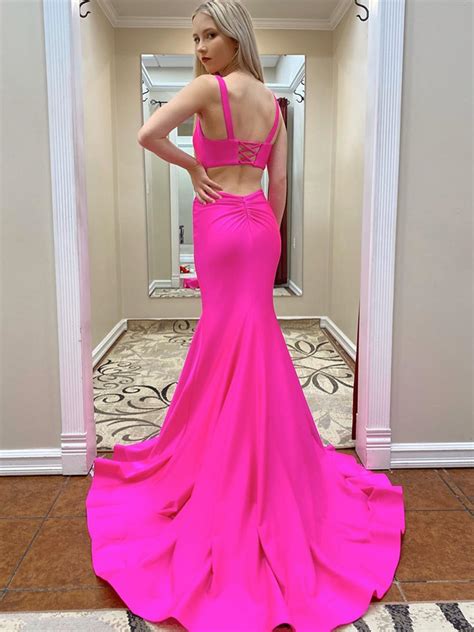 Mermaid Hot Pink 2 Pieces Long Prom Dresses Two Pieces Mermaid Pink F Morievent