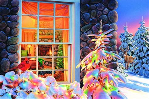 A Christmas Scene With A Lit Up Tree In Front Of A Window