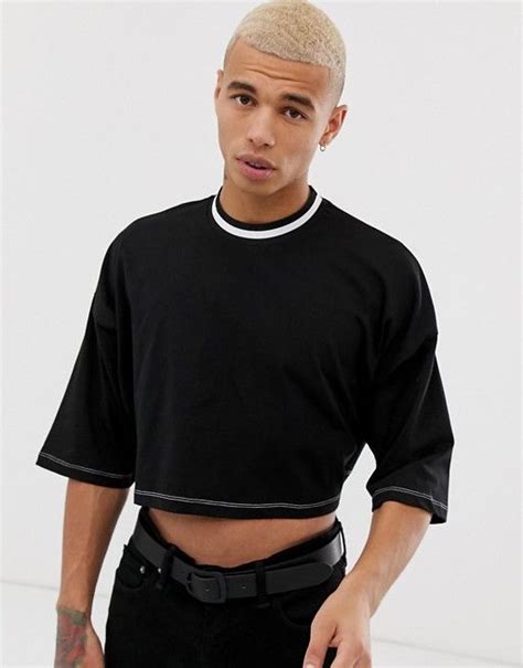 Asos Design Oversized Cropped T Shirt With Contrast Tipping And Stitching In Black Asos Mens
