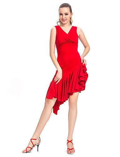 Dancewear V Front Viscose With Ruffles Latin Dance Dress For Ladies