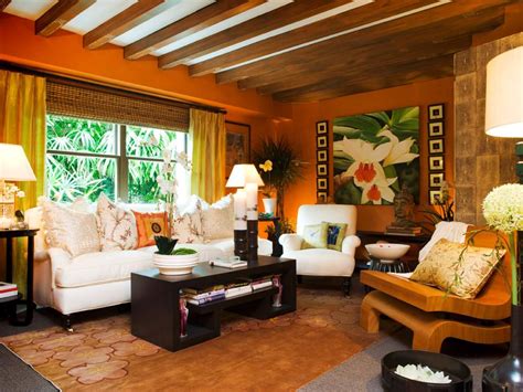 Tropical Orange Living Room With Exposed Beam Ceiling Tropical Living