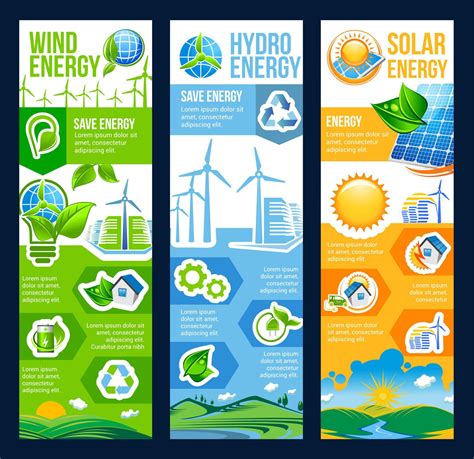 Save Energy Banner Of Solar Wind And Hydro Power 13176970 Vector Art