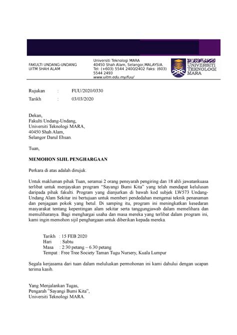 Latihan Surat Rasmi Fakulti Undang Undang Uitm Shah Alam Universiti