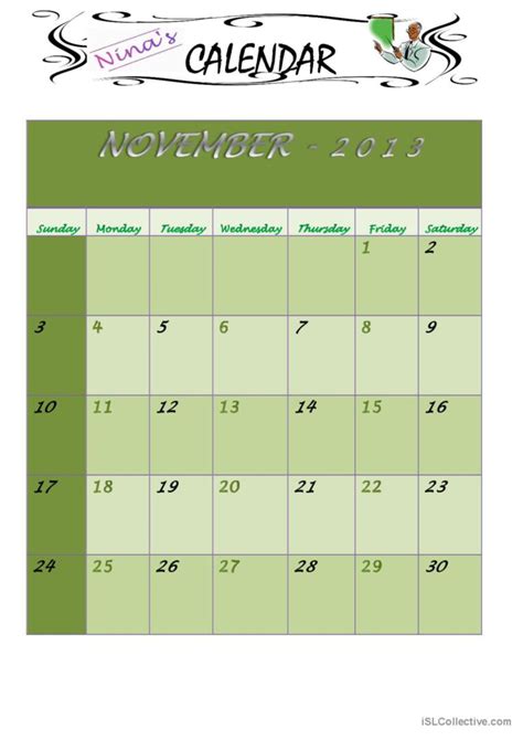 November 2013 Calendar English Esl Worksheets Pdf And Doc