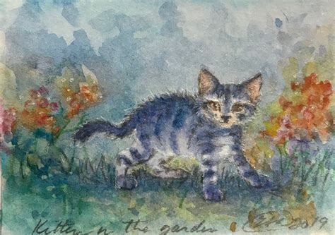 Aceo Original Painting Kitten Cat Pet Artwork Animal Fine Art Mixed