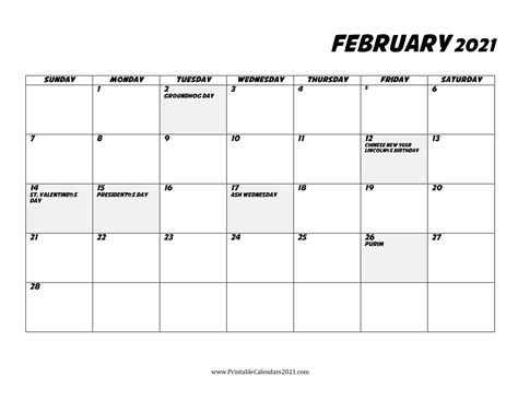 Free Printable February 2021 Calendar With Holidays 2021 Print Free