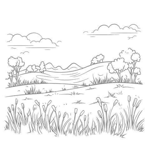 Dibujo De Paisaje Para Colorear Página Niños Esquema Boceto Vector Png