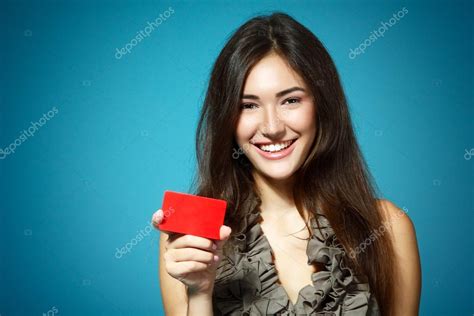Beautiful Girl Showing Red Card Stock Photo By ©khorzhevska 38399729