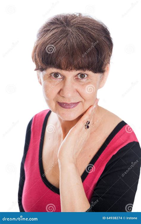 65 Years Old Woman Portrait Against Of White Background Pension Age Good Looking Woman Smiling
