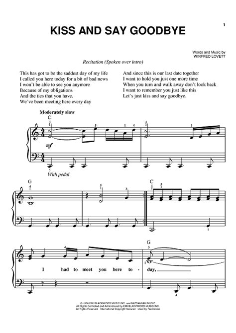 Kiss And Say Goodbye Sheet Music By The Manhattans For Easy Piano