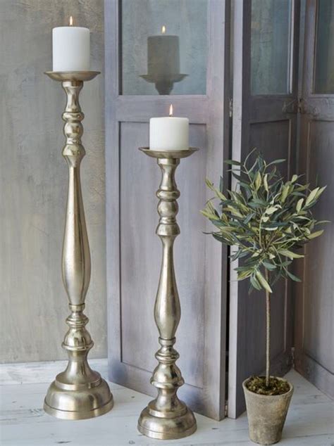 Silver Metal Duo Turned Wood Style Floor Standing Candle Holders