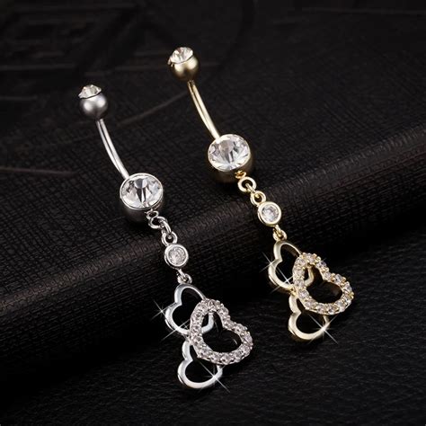 High Quality Double Hearts Rhinestone Crystal Medical Steel Belly Button Ring Dangle Navel Body