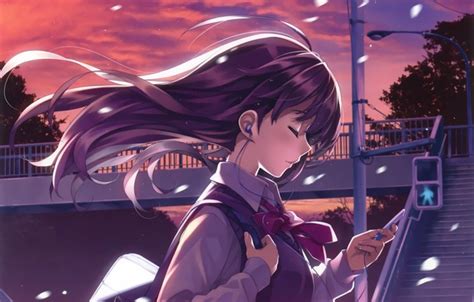 Wallpaper Wire Schoolgirl Art Headphones Anime Misaki Kurehito